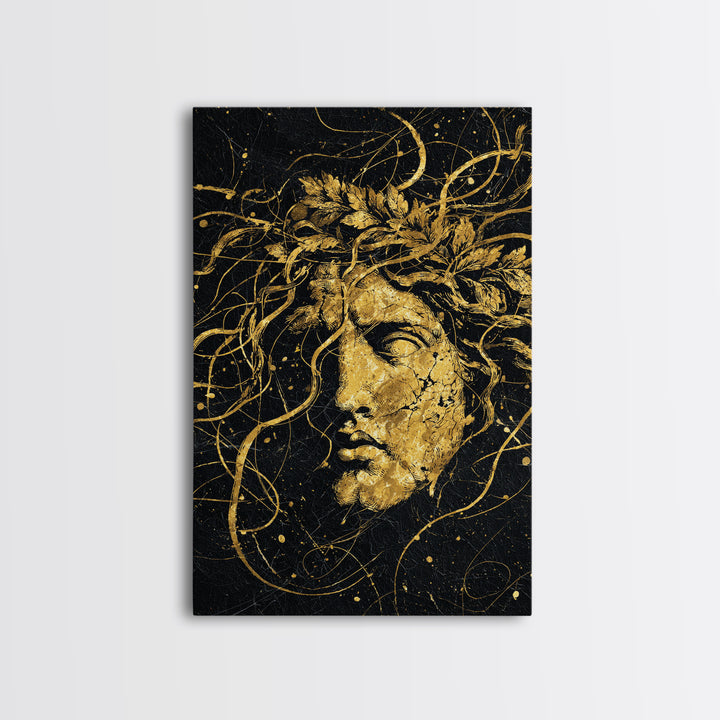 Apollo Greek Statue Canvas Gold Canvas Print, Mythological Music And Light Inspired Art, Real Wood Framed Wall Decoration