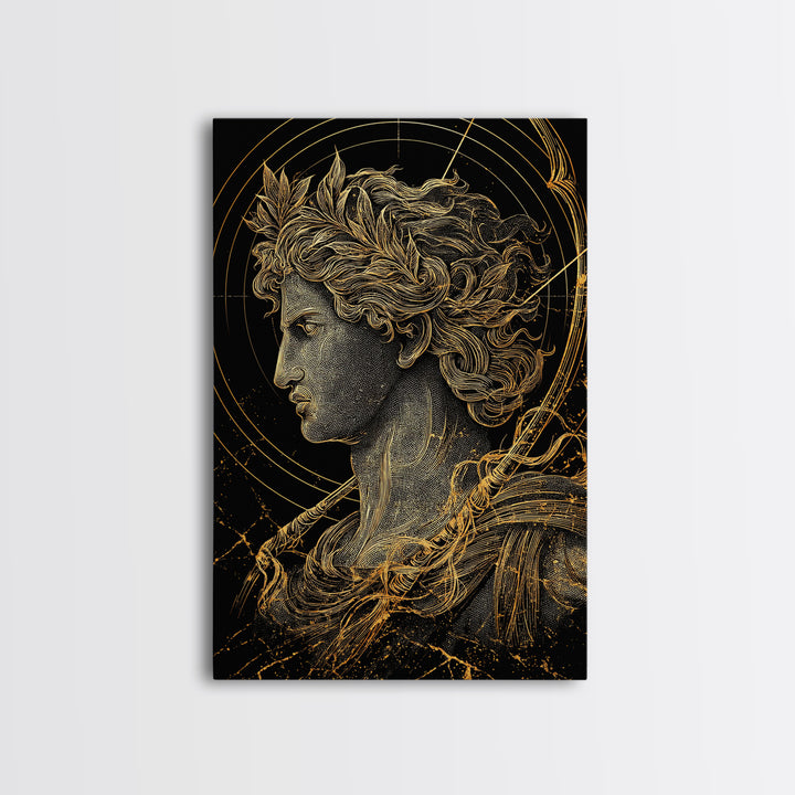 Apollo God Of Light Canvas Gold Canvas Print, Classical Greek Mythology Artwork, Real Wood Frame Decorative Ancient Wall Art