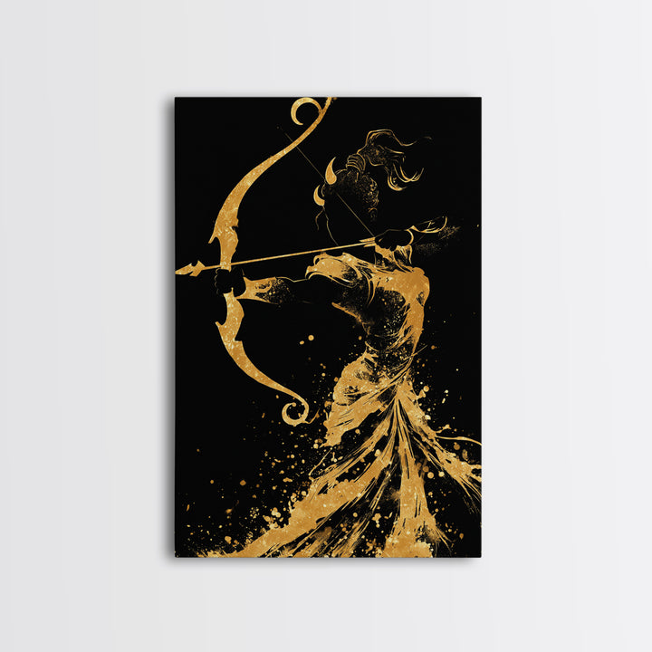 Artemis Goddess Canvas Gold Canvas Print, Greek Mythology Archer Huntress Artwork, Real Wood Framed Ancient Decorative Wall Art