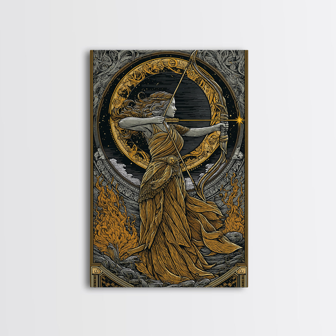 Artemis Greek Goddess Canvas Gold Canvas Print, Bow And Arrow Mythology Inspired Artwork, Real Wood Frame Decorative Wall Art