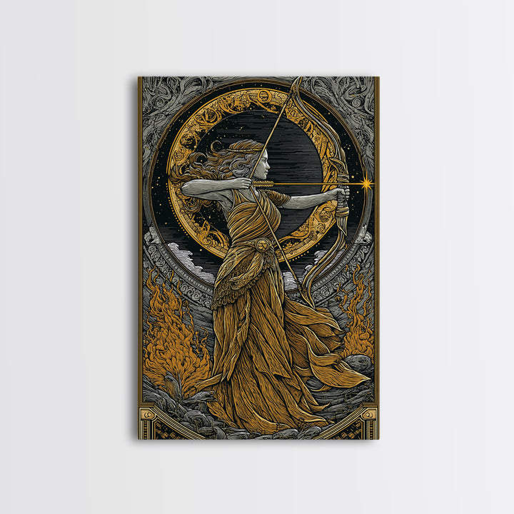 Artemis Greek Goddess Canvas Gold Canvas Print, Bow And Arrow Mythology Inspired Artwork, Real Wood Frame Decorative Wall Art