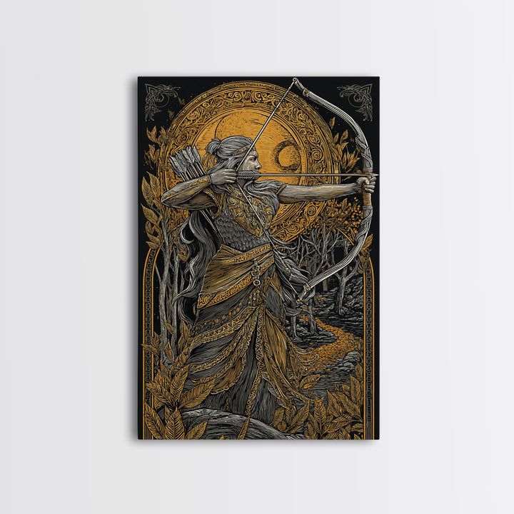 Artemis Moonlit Huntress With Bow, Canvas Gold Art, Real Wood Framed Print, Greek Goddess Wall Decor, Mythology Artwork