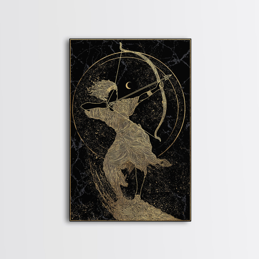 Divine Archer Artemis Illustration, Canvas Gold Canvas Print, Real Wood Frame, Greek Goddess Wall Hanging, Myth Art Decor