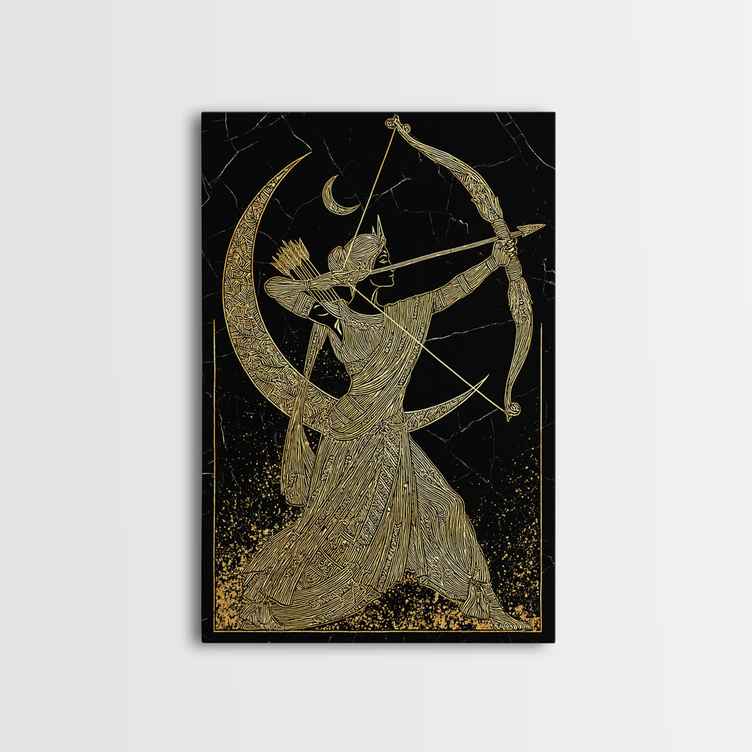 Artemis Lunar Goddess Archery Scene, Canvas Gold Art Print, Real Wood Frame, Mythology Wall Art, Elegant Greek Decor