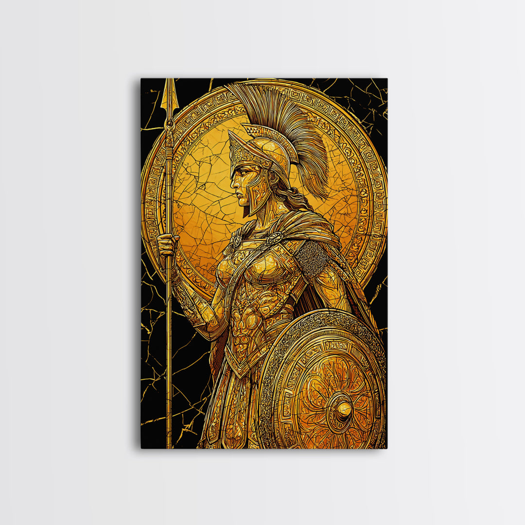 Athena Warrior Goddess With Spear And Shield, Canvas Gold Canvas Print, Real Wood Frame, Greek Myth Wall Art, Strength Decor