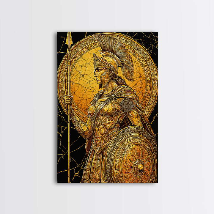 Athena Warrior Goddess With Spear And Shield, Canvas Gold Canvas Print, Real Wood Frame, Greek Myth Wall Art, Strength Decor