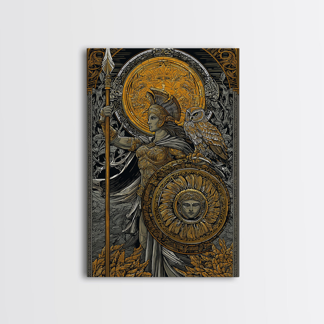 Athena With Owl Wisdom Goddess Art, Canvas Gold Art Print, Real Wood Frame, Greek Mythology Wall Hanging, Protection Decor