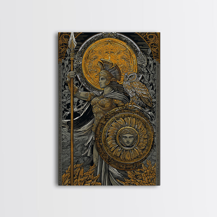 Athena With Owl Wisdom Goddess Art, Canvas Gold Art Print, Real Wood Frame, Greek Mythology Wall Hanging, Protection Decor