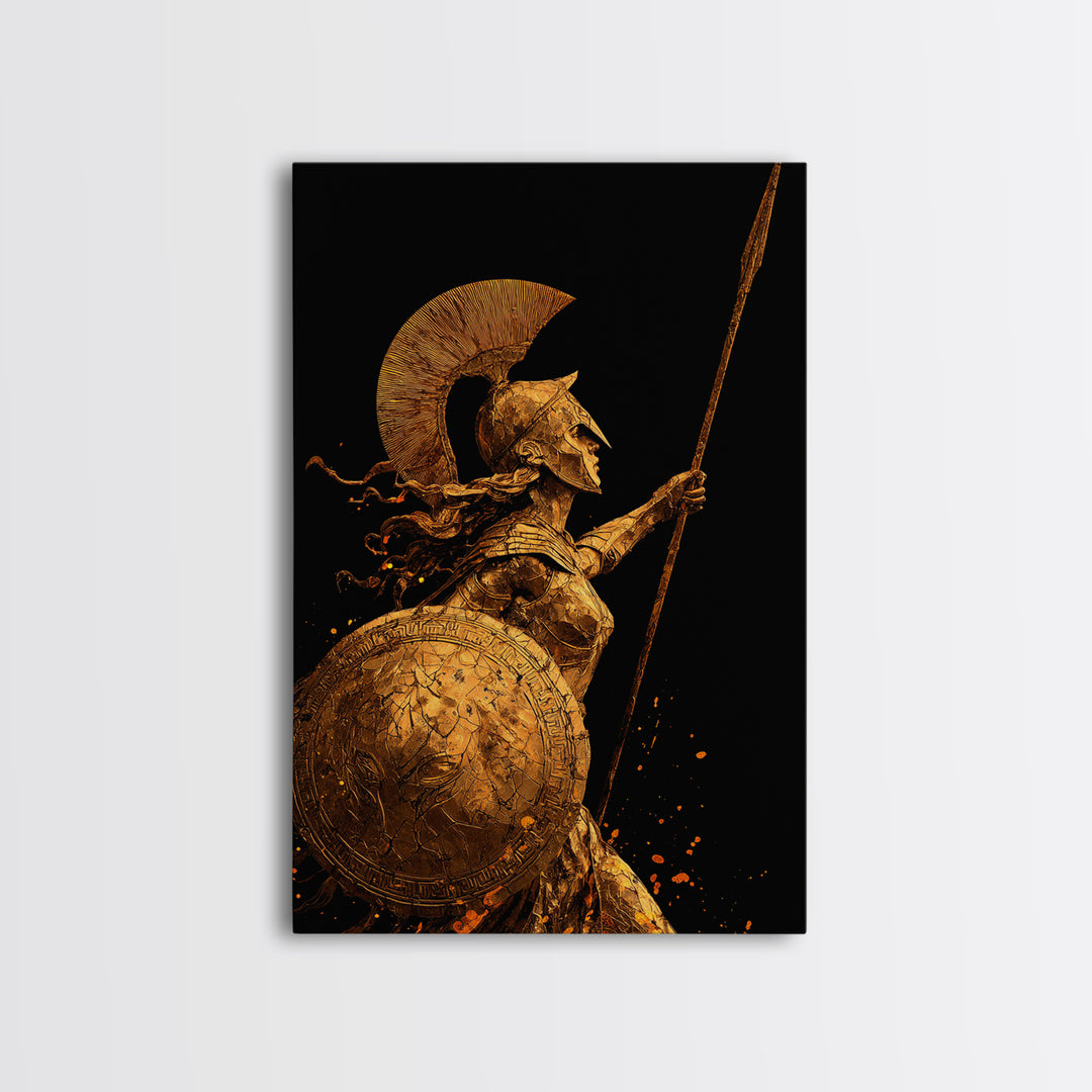 Athena Warrior Goddess With Spear And Shield, Canvas Gold Canvas Print, Real Wood Frame, Greek Mythology Wall Art
