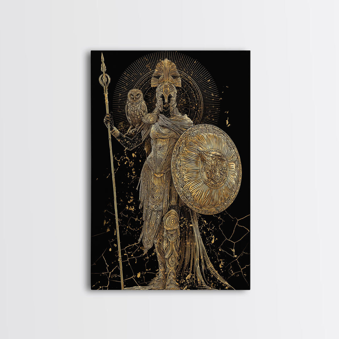 Athena With Owl And Shield Of Wisdom, Canvas Gold Art Print, Real Wood Frame, Ancient Greek Mythology Warrior Decor