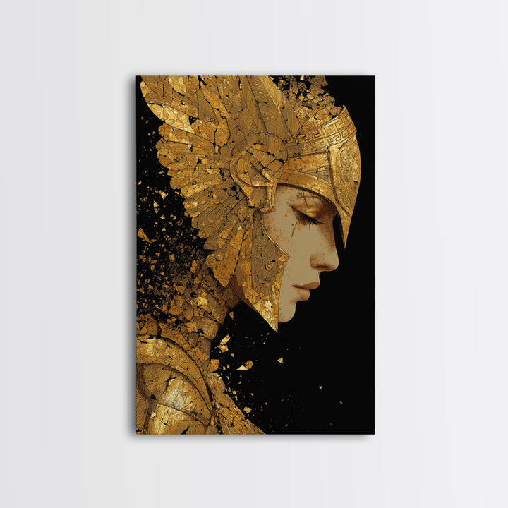 Athena Close Up Portrait In Armor, Canvas Gold Canvas Print, Real Wood Frame, Greek Goddess Warrior Mythology Wall Art