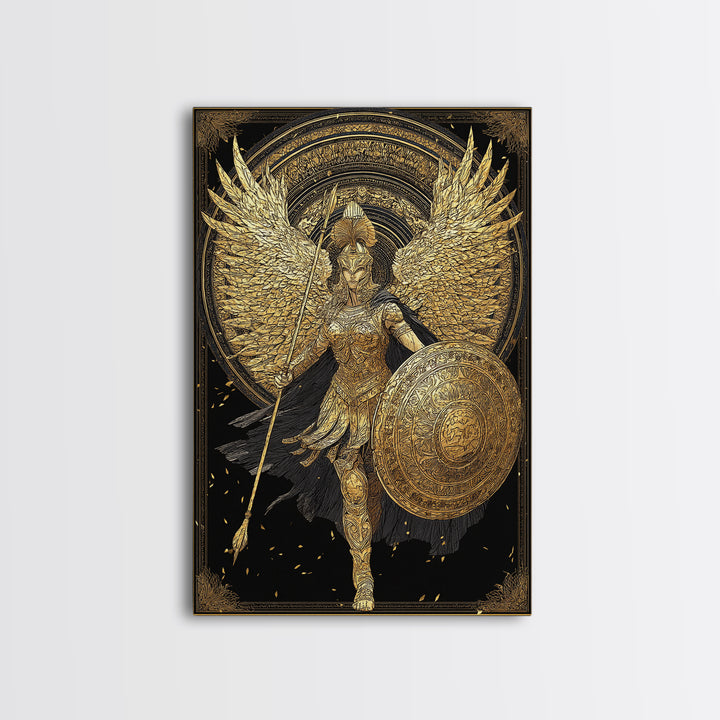 Athena Winged Warrior Goddess With Shield, Canvas Gold Art Print, Real Wood Frame, Greek Mythology Goddess Wall Decor