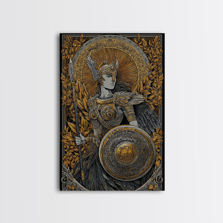 Athena Goddess Of Wisdom With Spear, Canvas Gold Canvas Print, Real Wood Frame, Greek Mythology Warrior Goddess Art