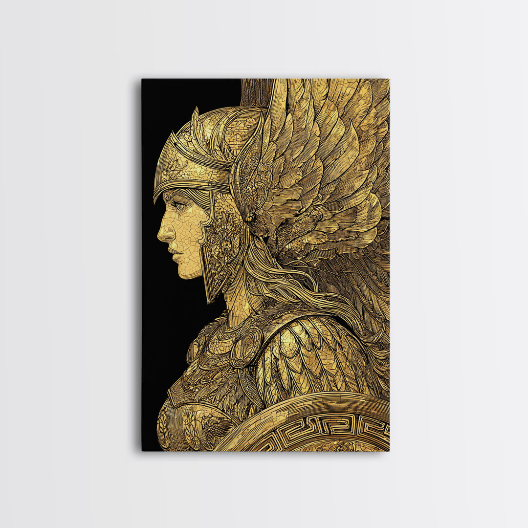 Athena Warrior Goddess Profile With Wings, Canvas Gold Art Print, Real Wood Frame, Greek Mythology Goddess Wall Art