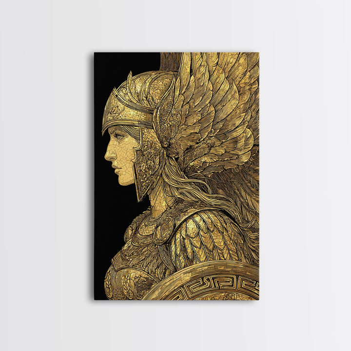 Athena Warrior Goddess Profile With Wings, Canvas Gold Art Print, Real Wood Frame, Greek Mythology Goddess Wall Art