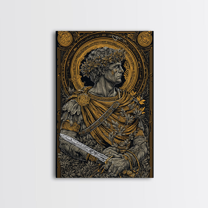 Brutus Stoic Roman General With Sword, Canvas Gold Canvas Print, Real Wood Frame, Ancient Roman History Philosopher Art