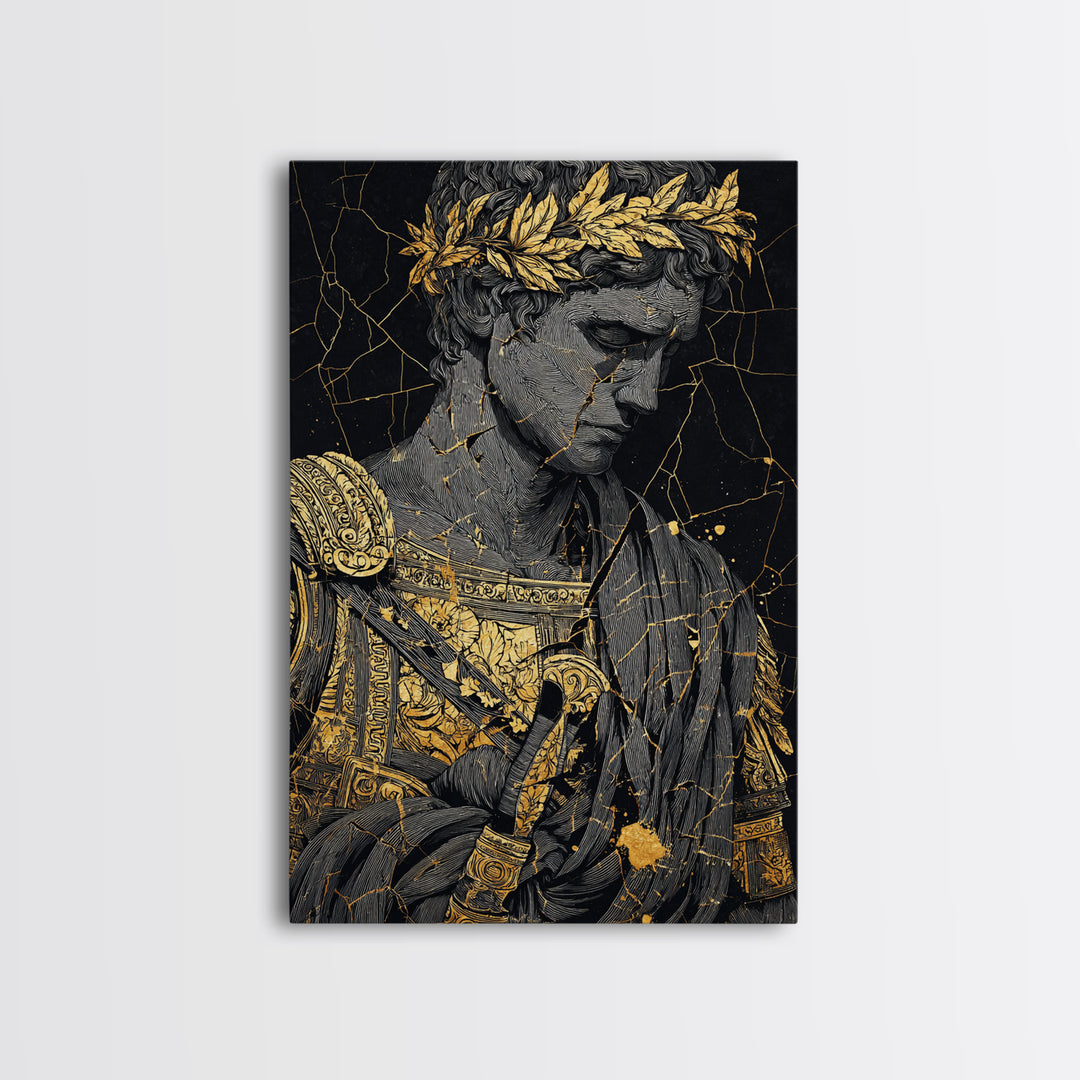 Roman Emperor Bust With Laurel Crown, Canvas Gold Canvas Print, Classical Sculpture Wall Art, Real Wood Frame Home Decor