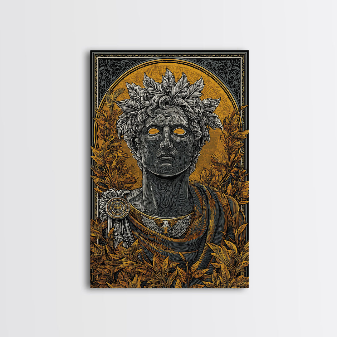 Apollo God Bust Surrounded By Laurel Leaves, Canvas Gold Art Print, Greek Mythology Wall Decor, Real Wood Frame Artwork