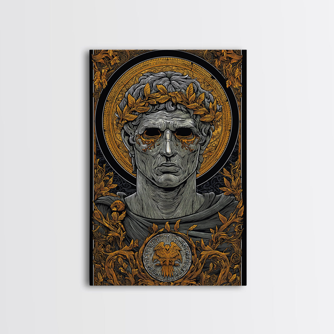 Caesar Inspired Roman Bust, Canvas Gold Canvas Print, Ancient Rome Decorative Wall Art, Mythology Style, Real Wood Frame