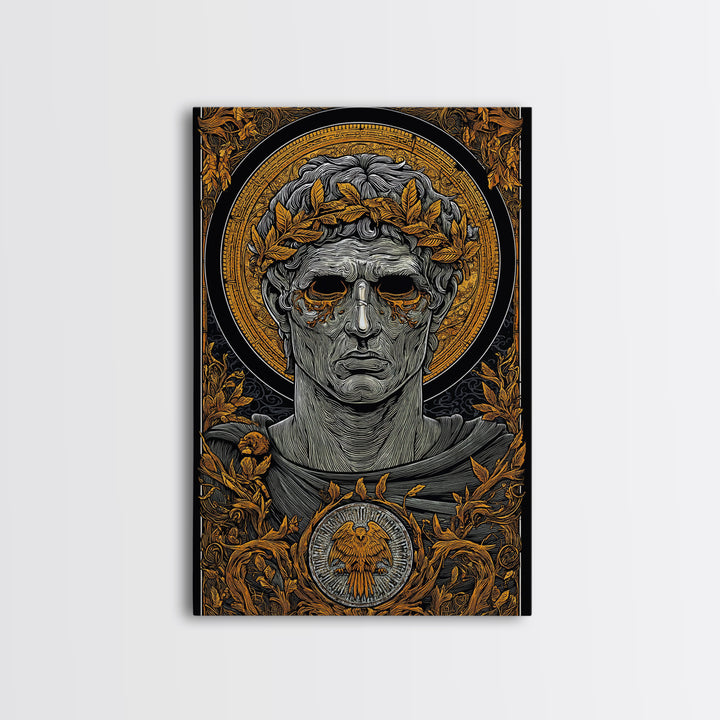 Caesar Inspired Roman Bust, Canvas Gold Canvas Print, Ancient Rome Decorative Wall Art, Mythology Style, Real Wood Frame