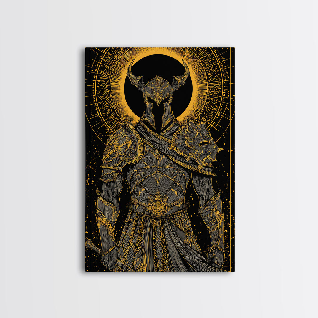 Warrior In Ornate Armor With Glowing Halo, Canvas Gold Canvas Print, Medieval Fantasy Knight Artwork, Real Wood Frame Decor