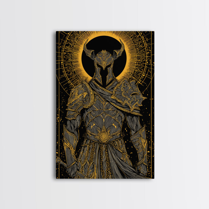 Warrior In Ornate Armor With Glowing Halo, Canvas Gold Canvas Print, Medieval Fantasy Knight Artwork, Real Wood Frame Decor