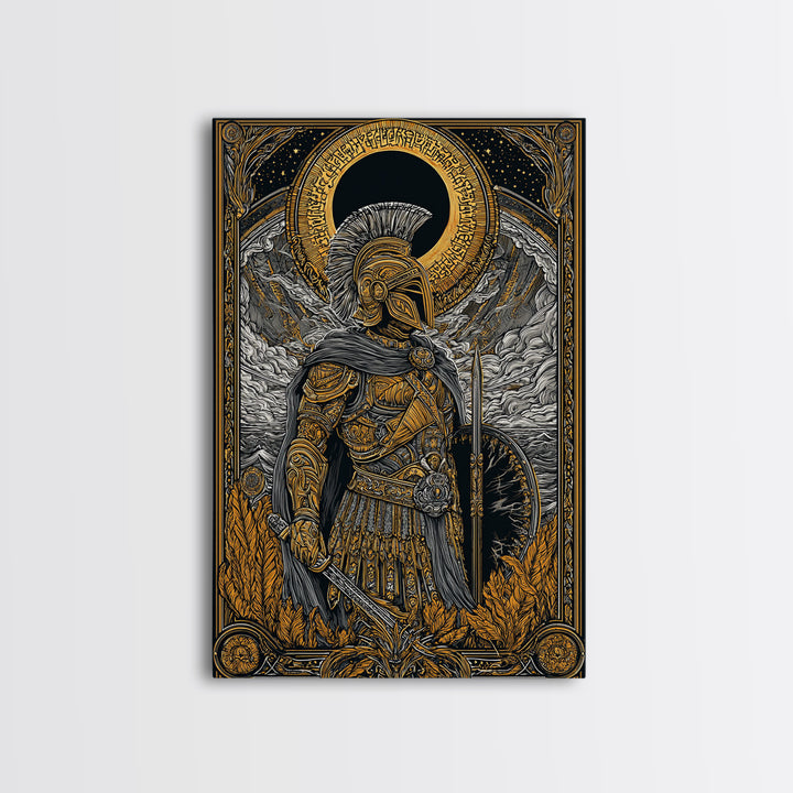 Greek Hoplite Soldier With Shield And Sword, Canvas Gold Art Print, Mythology Inspired Wall Decor, Real Wood Frame Design