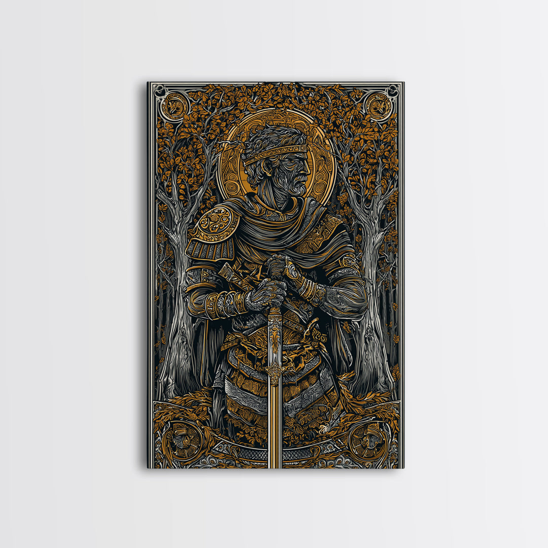 King With Sword In Ornate Armor, Canvas Gold Canvas Print, Medieval Mythology Warrior Wall Art, Real Wood Frame Decoration