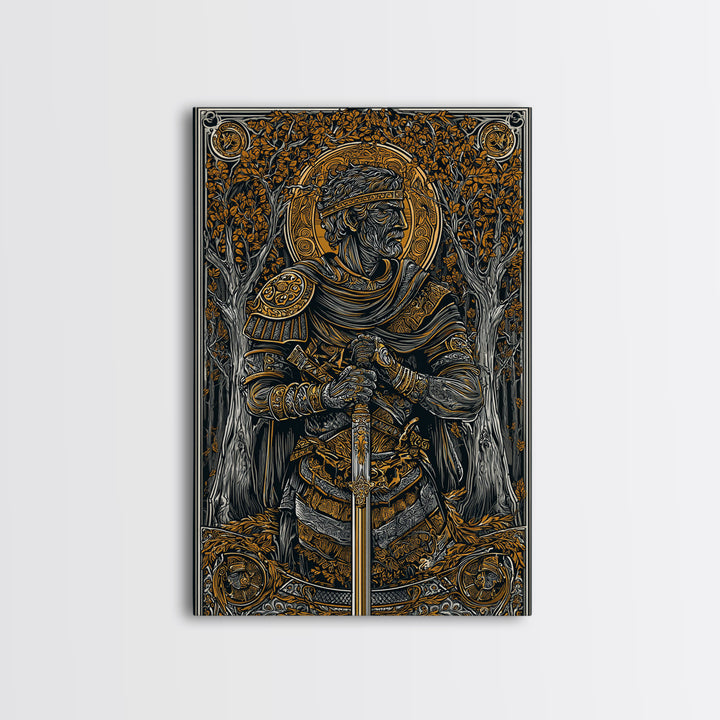 King With Sword In Ornate Armor, Canvas Gold Canvas Print, Medieval Mythology Warrior Wall Art, Real Wood Frame Decoration