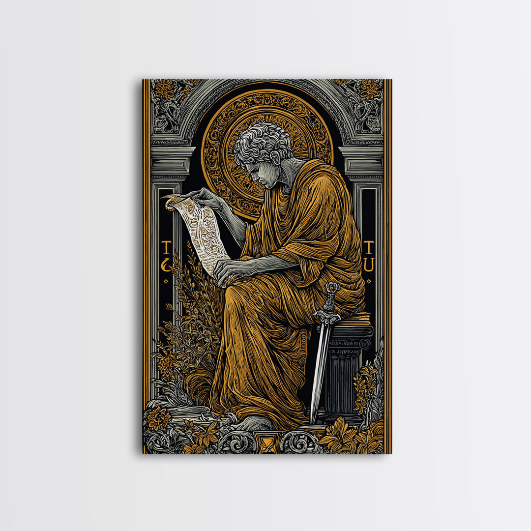 Scholar Reading Ancient Scroll, Canvas Gold Art Print, Roman Inspired Decorative Wall Art, Mythology Style, Real Wood Frame