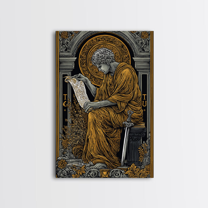 Scholar Reading Ancient Scroll, Canvas Gold Art Print, Roman Inspired Decorative Wall Art, Mythology Style, Real Wood Frame