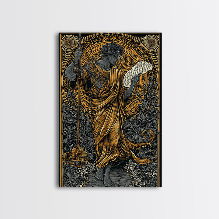 Philosopher Holding Spear And Scroll, Canvas Gold Canvas Print, Classical Greek Wall Art, Mythology Inspired, Real Wood Frame