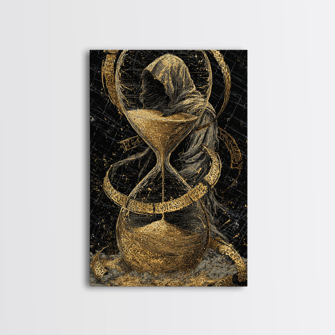 Hooded Figure In Hourglass Timepiece, Canvas Gold Art Print, Mythological Decorative Wall Art, Symbolic Design, Real Wood Frame