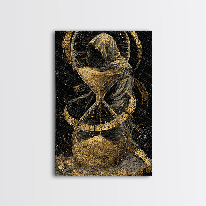 Hooded Figure In Hourglass Timepiece, Canvas Gold Art Print, Mythological Decorative Wall Art, Symbolic Design, Real Wood Frame