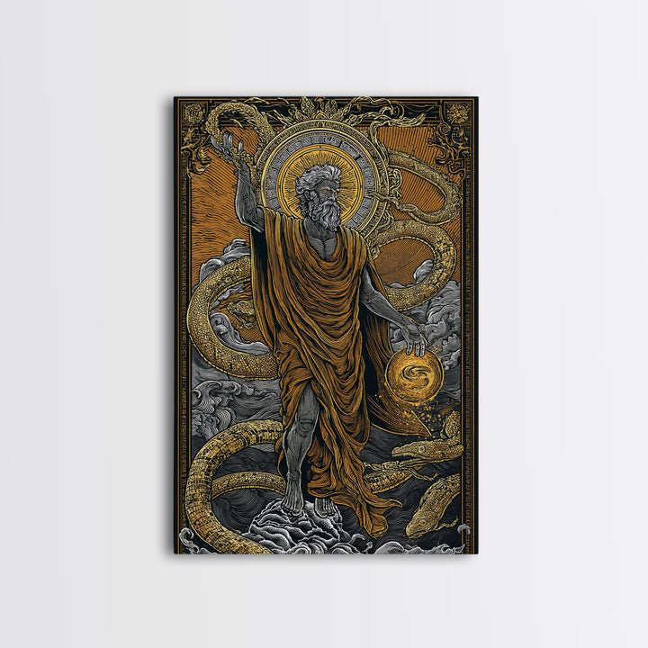 God Of Creation With Ouroboros Serpent, Canvas Gold Canvas Print, Ancient Mythology Decorative Wall Art, Real Wood Frame Artwork