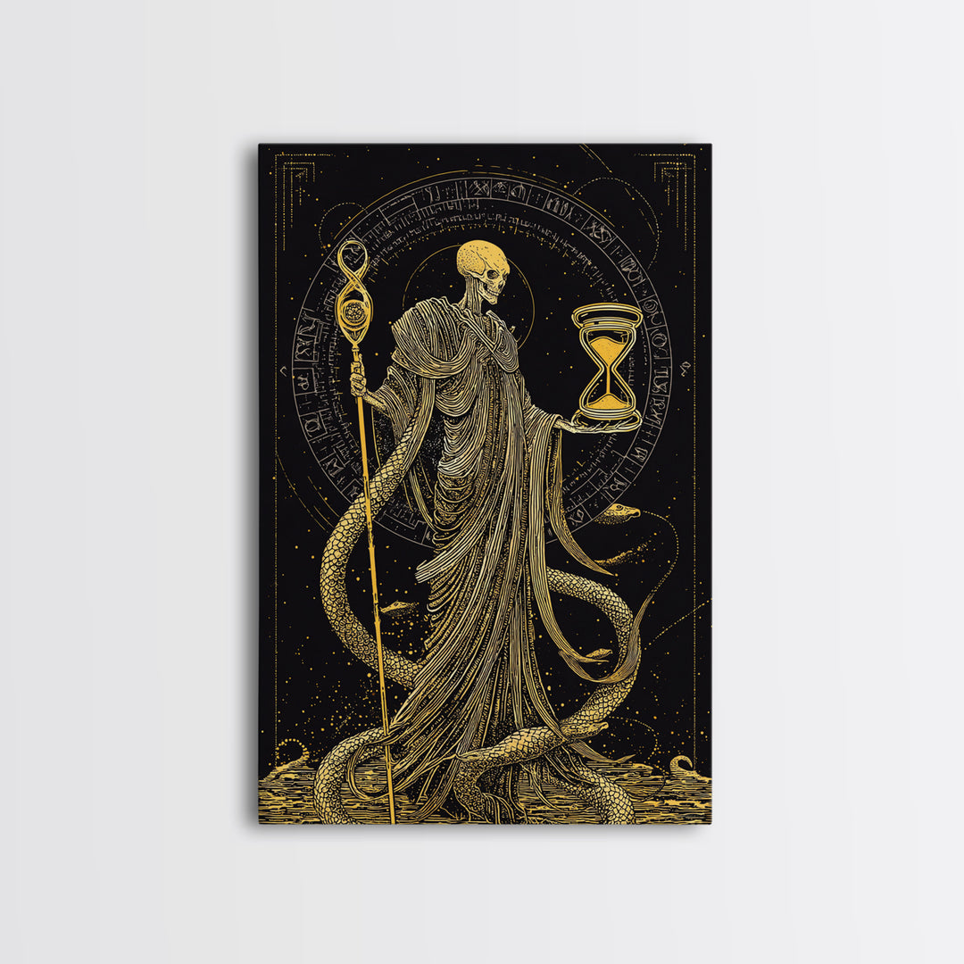 Chronos Canvas Gold Canvas Print, Mythological Skeleton Holding Hourglass, Esoteric Wall Art, Real Wood Framed Artwork