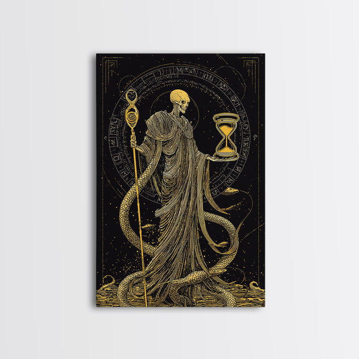 Chronos Canvas Gold Canvas Print, Mythological Skeleton Holding Hourglass, Esoteric Wall Art, Real Wood Framed Artwork