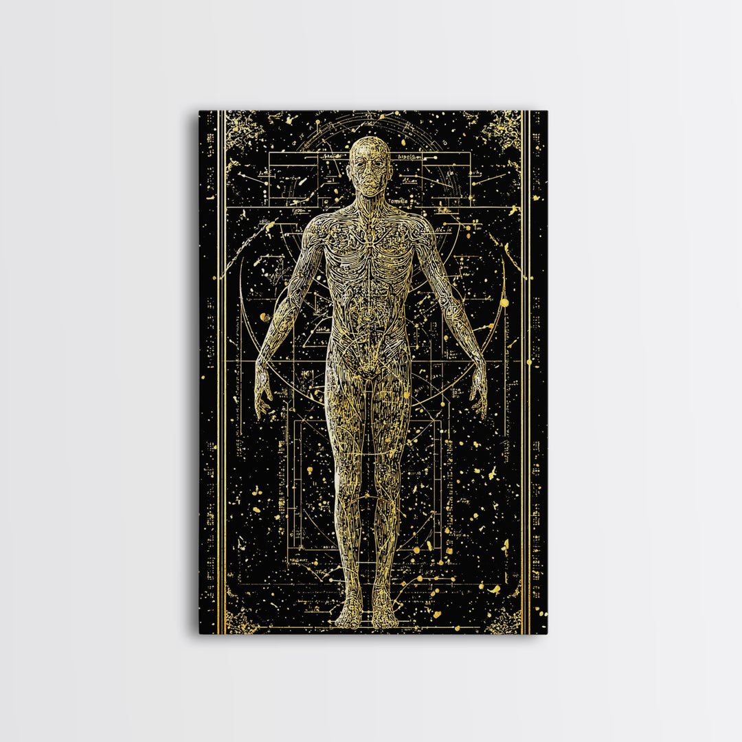 Vitruvian Human Anatomy Canvas Gold Canvas Print, Sacred Geometry Wall Art, Celestial Body Illustration, Real Wood Frame Decor