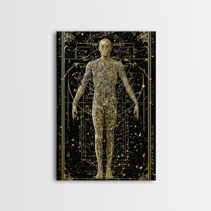Vitruvian Human Anatomy Canvas Gold Canvas Print, Sacred Geometry Wall Art, Celestial Body Illustration, Real Wood Frame Decor