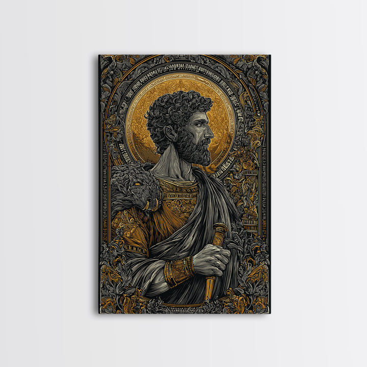 Commodus Canvas Gold Canvas Print, Roman Emperor With Sword Portrait, Historical Warrior Wall Art, Real Wood Framed Piece