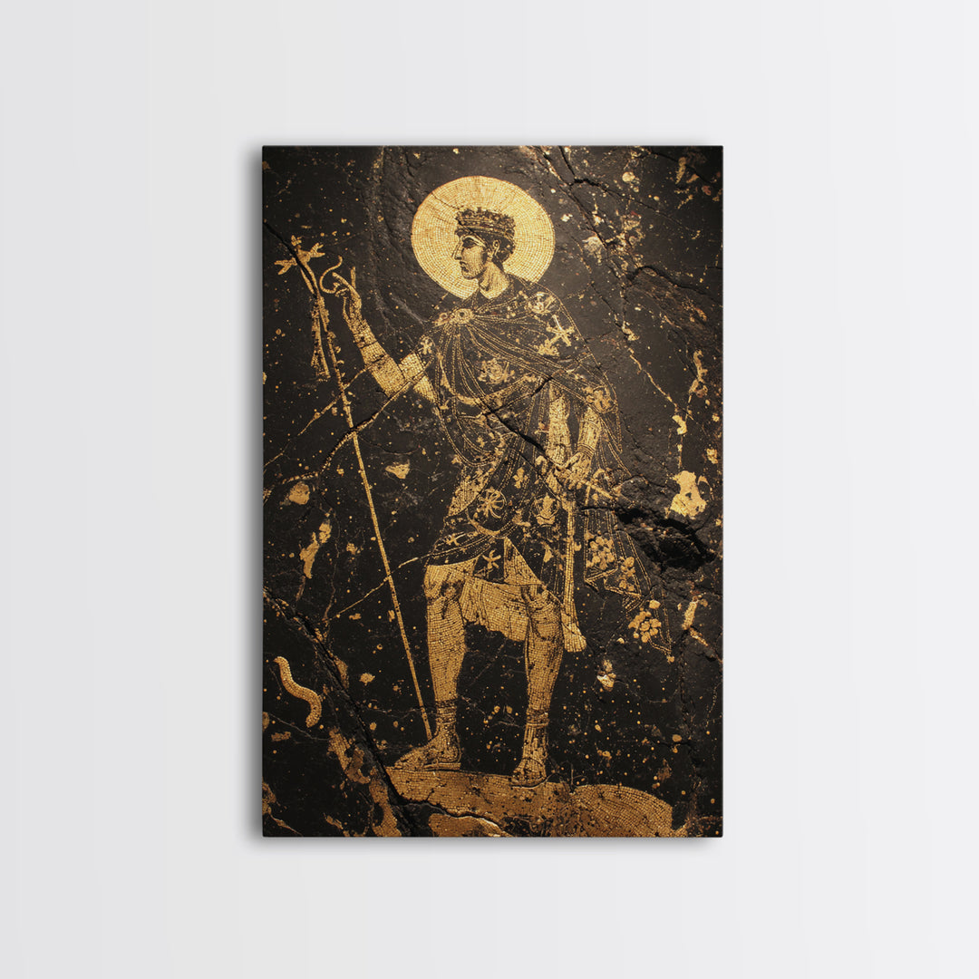 Constantine Canvas Gold Canvas Print, Byzantine Roman Emperor Holding Staff Artwork, Regal Historical Wall Art, Wood Frame