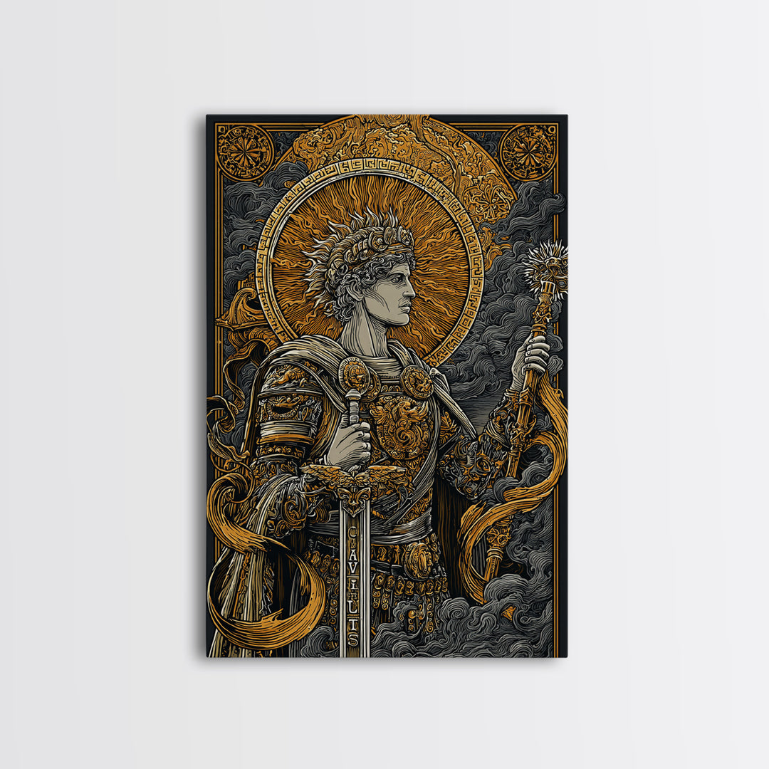 Classical Warrior God Artwork, Canvas Gold Canvas Print, Mythology Wall Art, Ancient Roman Style, Real Wood Frame Decor