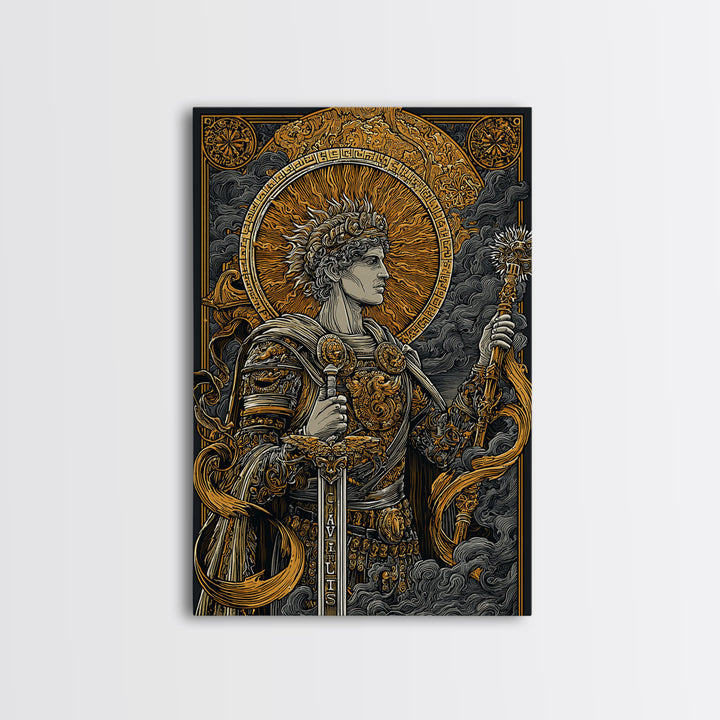 Classical Warrior God Artwork, Canvas Gold Canvas Print, Mythology Wall Art, Ancient Roman Style, Real Wood Frame Decor