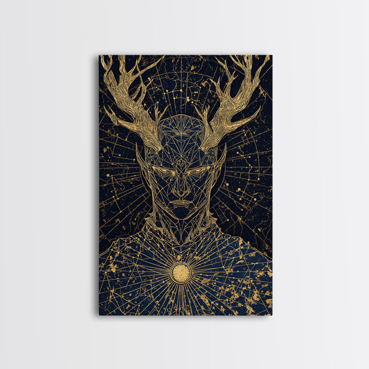 Geometric Antler God Artwork, Canvas Gold Art Print, Mythology Constellation Wall Decor, Cosmic Style, Real Wood Frame