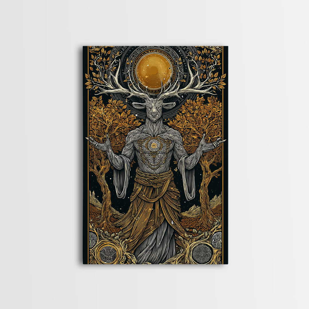 Forest Deer God Artwork, Canvas Gold Canvas Print, Pagan Mythology Wall Art, Nature Spirit Decor, Real Wood Frame Accent