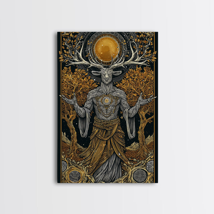 Forest Deer God Artwork, Canvas Gold Canvas Print, Pagan Mythology Wall Art, Nature Spirit Decor, Real Wood Frame Accent