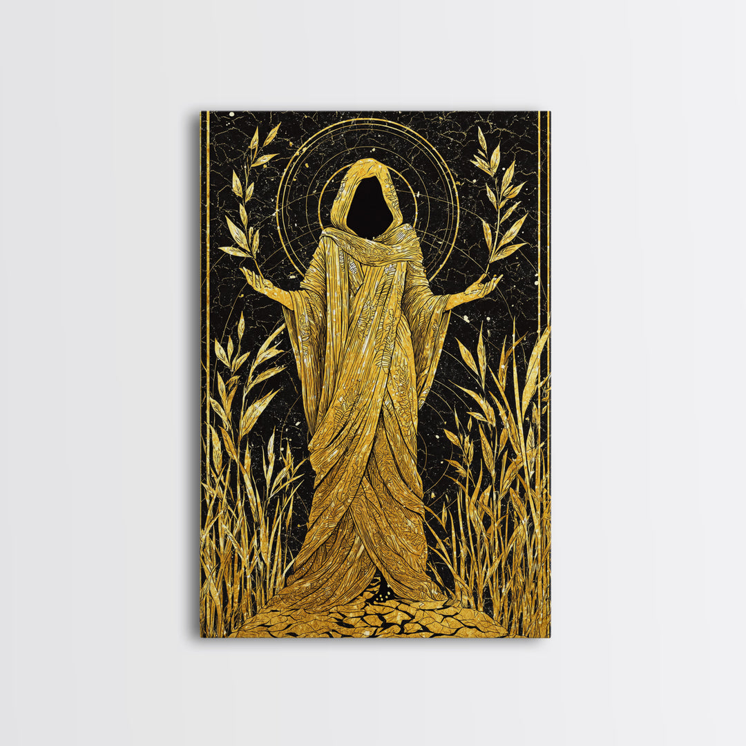 Mystical Hooded Figure Artwork, Canvas Gold Art Print, Mythology Spiritual Wall Decor, Divine Goddess Style, Real Wood Frame