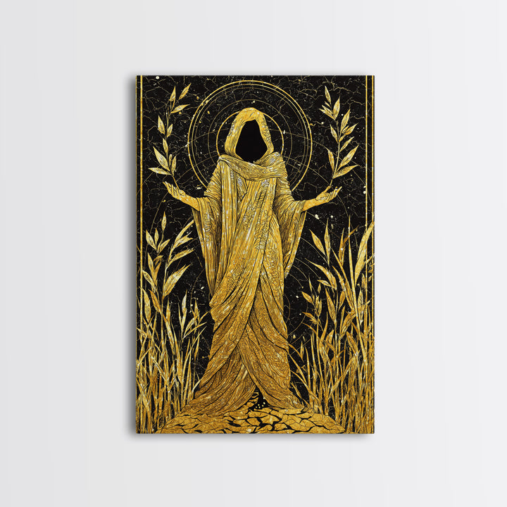 Mystical Hooded Figure Artwork, Canvas Gold Art Print, Mythology Spiritual Wall Decor, Divine Goddess Style, Real Wood Frame