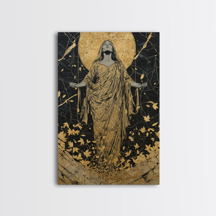 Ancient Goddess Rising Artwork, Canvas Gold Canvas Print, Mythology Divine Feminine Wall Art, Celestial Style, Real Wood Frame