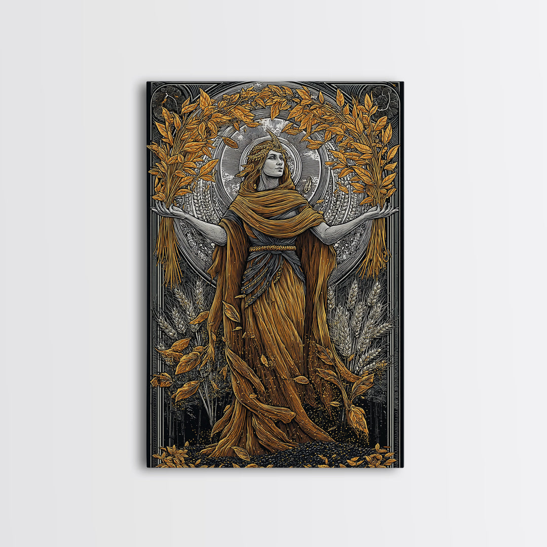 Harvest Goddess Artwork, Canvas Gold Art Print, Ancient Mythology Wall Decor, Wheat and Leaves Motif, Real Wood Frame Display
